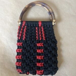 VTG Handmade Crocheted clutch/ purse with liner and wooden handles, black, red